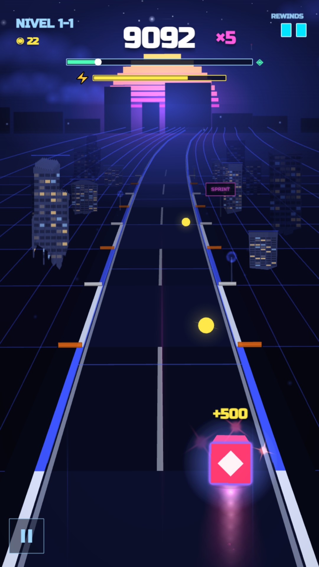 Mundo 1: el cubo corriendo por una ciudad synthwave